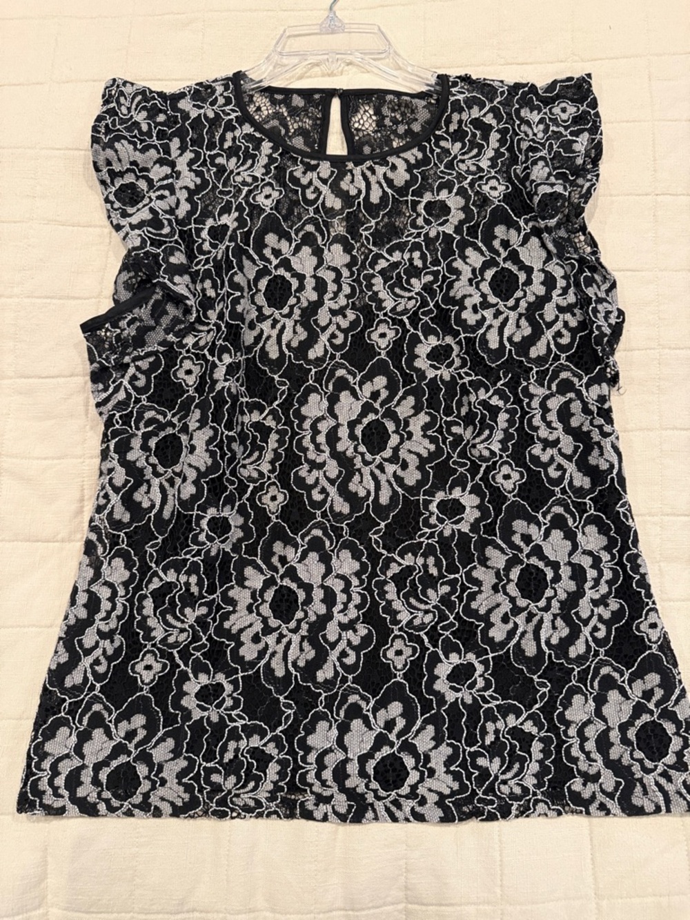 White House Black Market Black and White Floral Lace Shell Top